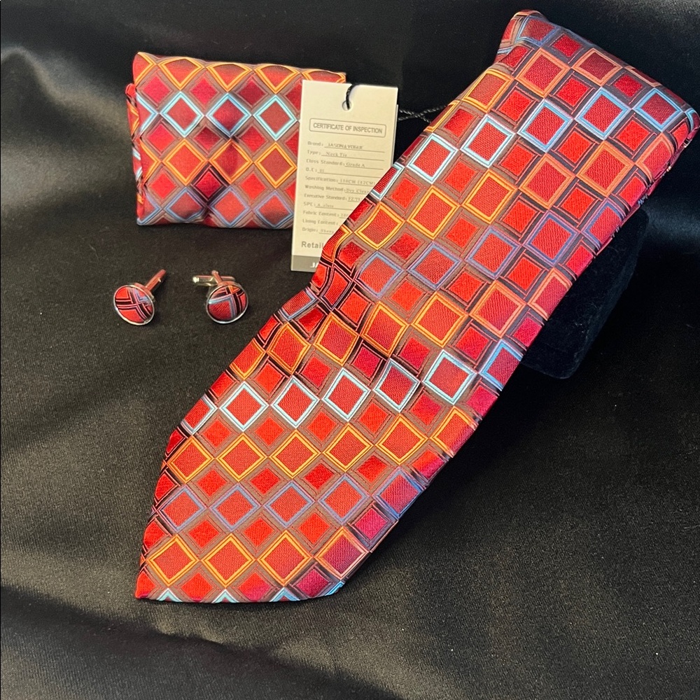 NWT-Geometric Red and Blue Tie Set-Silk